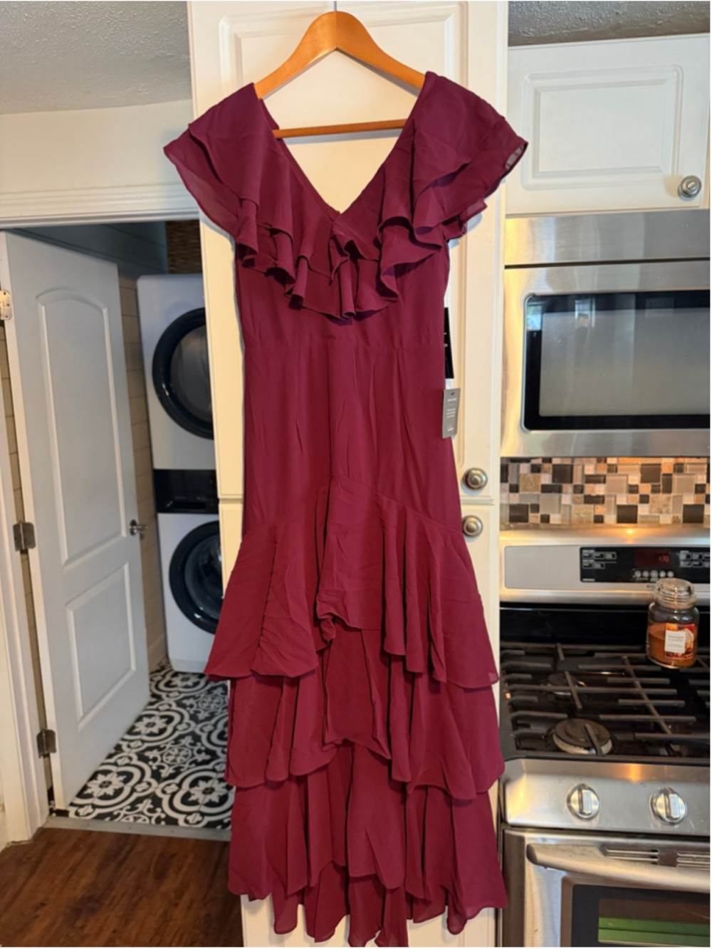 NWT Lulus Charming Event Burgundy Asymmetrical Ruffled Maxi Dress - Picture 5 of 10